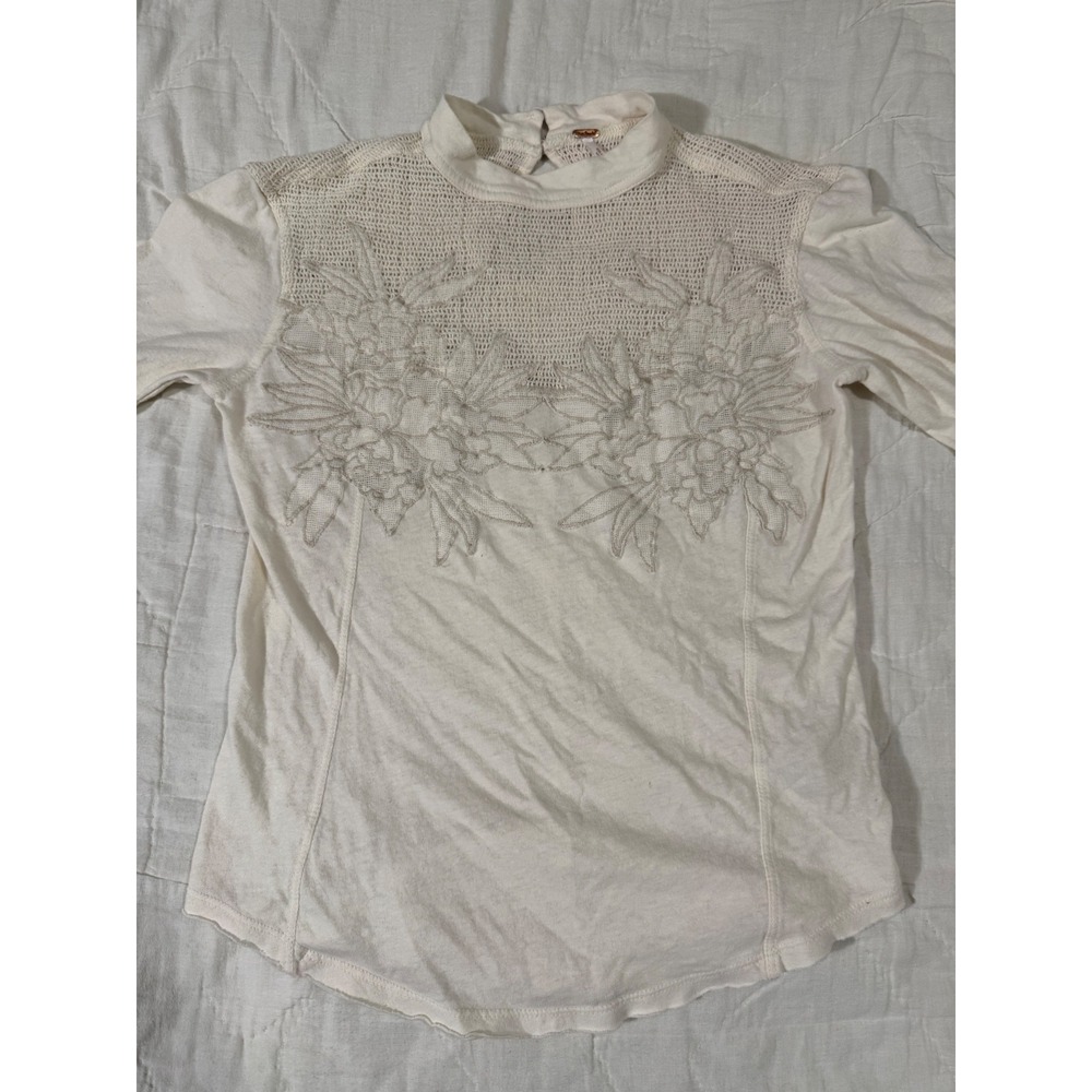 Free People Embroidered Crochet Linen Blend Cream Quarter Sleeve Top Small